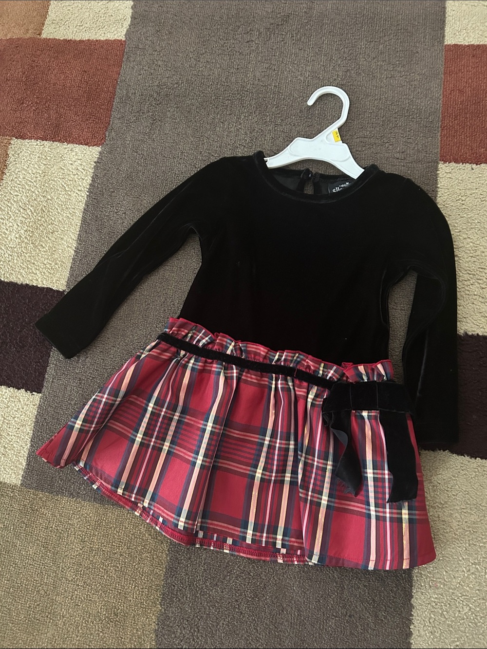 ellemenno Black Velvet Top with Red Plaid Skirt Girls Formal Dress